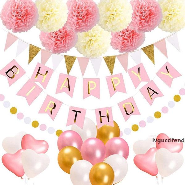 

pink birthday party supplies with burgee pom pom paper flower heart balloon and birthday banner girl ladys event party supplies theme party