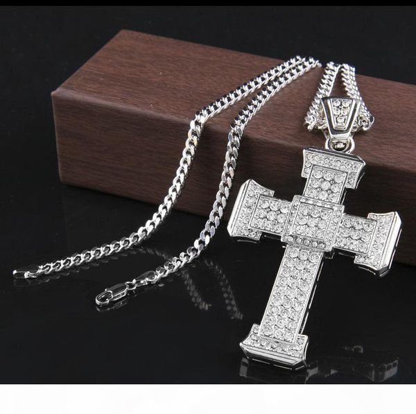 

ожерелье полный алмазный крест mens золото кубинский link ожерелье цепи iced out подвеска hip hop ювелирные изделия, Silver