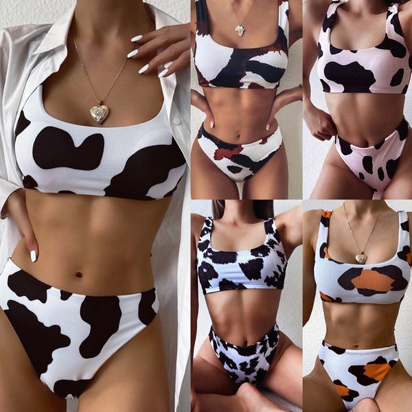 

5 colour swimwear 2020 new women swimsuit print bikini bodysuits bandage swim suit knitted biquini wholesale, Black;white