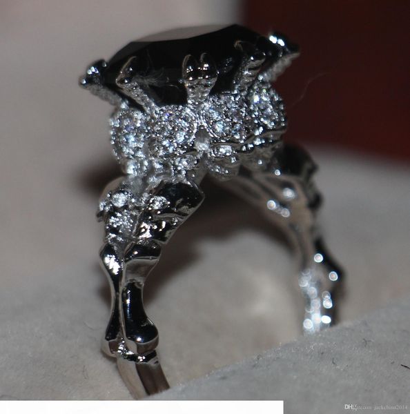

victoria wieck vintage jewelry round 10kt white gold filled black sapphire gemstones simulated diamond wedding women band skull ring sz5-11, Silver