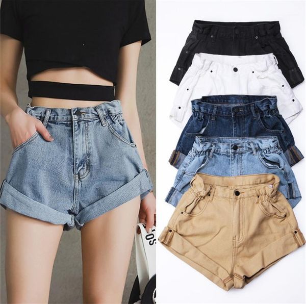 

short jeans elastic waist vintage high waist woman short jeans summer casual femme jeans women denim shorts wide leg, Blue