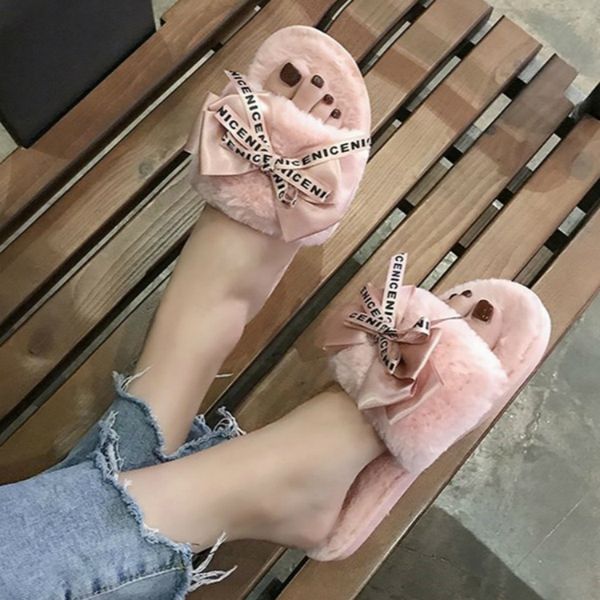 

women plush house home slippers faux fur warm shoes 2020 woman slip on flats cute bowtie female furry slides winter slippers, Black