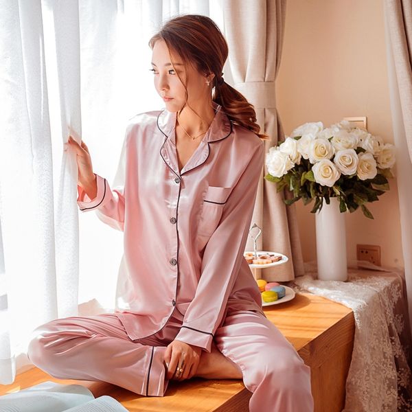 

imitation women's autumn long sleeve ice two-piece suit korean casual cardigan pajamas can be worn outside home pajamas silk and silk, Blue;red