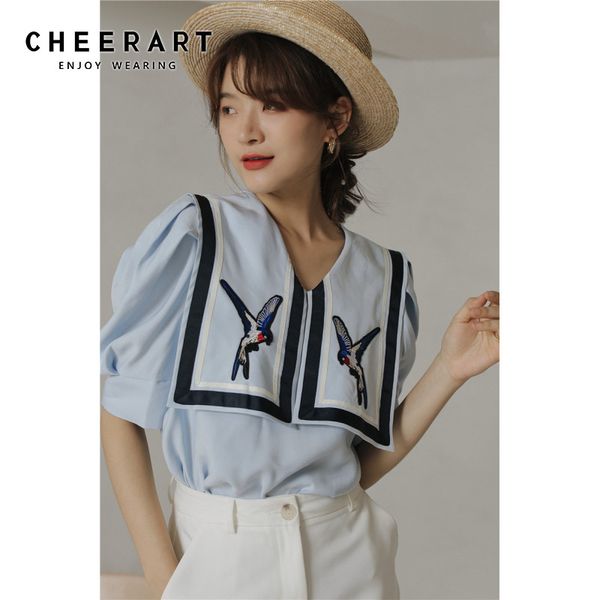 

cheerart puff sleeve bird embroidery blouse women blue button up shirt summer loose blouse sailor collar designer 2020, White