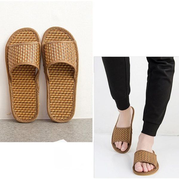 

sagace linen bottom skid summer slippers for men women home interior natural bamboo rattan mat cool slippers a1031, Black