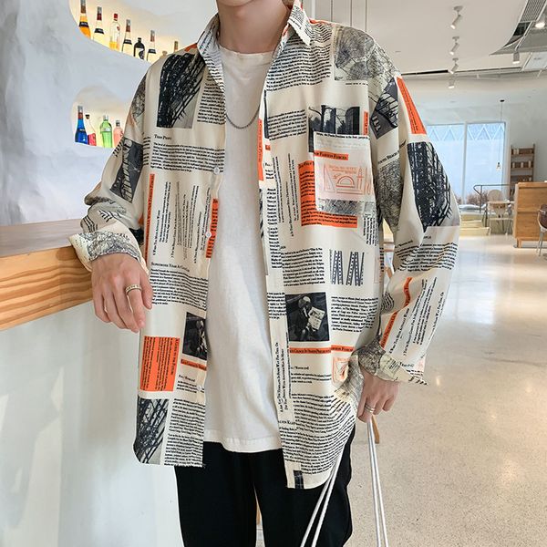 

white shirt men long sleeve large size printed casual shirts men's blouse button baggy boy streetwear clothes fashion soft, White;black