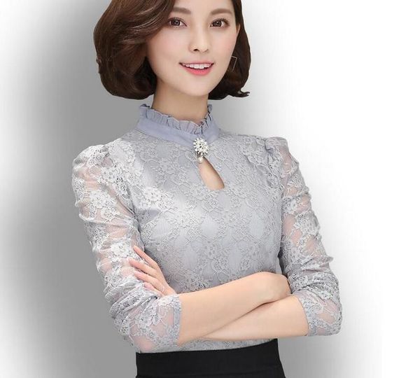 

2020 spring autumn women long sleeve lace floral blouse shirts crochet lace elegant floral blouse casual slim office shirts, White
