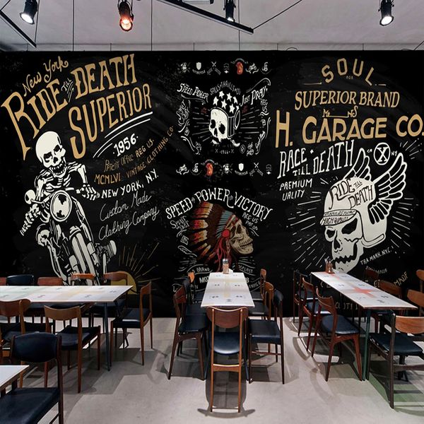 Özel 3d Fotoğraf Duvar Kağıdı Avrupa Retro Nostaljik Blackboard Grafiti Kafatası Motosiklet Bar Cafe Restaurant KTV Duvar Kağıdı Mural