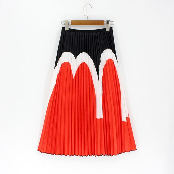 

srping summer women skirts floral high elasticity cartoon printing midi pleated skirt jupe femme red skirts plus size, Black