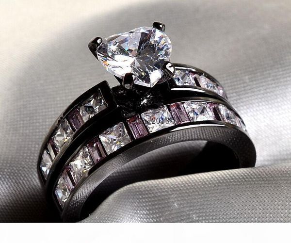 

2016 new arrival women's jewelry 10kt black gold filled sapphire simulated diamond wedding engagement heart band ring set gift size 5-1, Slivery;golden