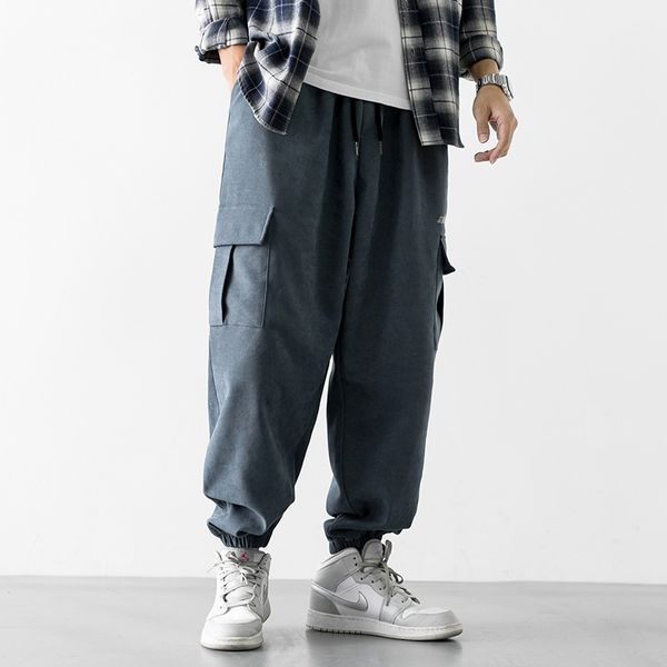 

men's pants men spring and autumn tooling casual patch bag loose reflective printed letter ankle banded, Black