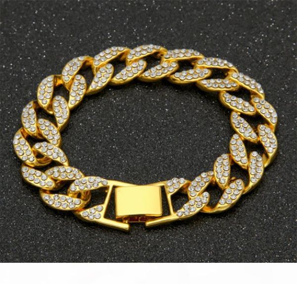 

l 15mm mens womens chain hip hop full iced out miami curb cuban gold plated bracelet with paved clear rhinestones whosales, Black