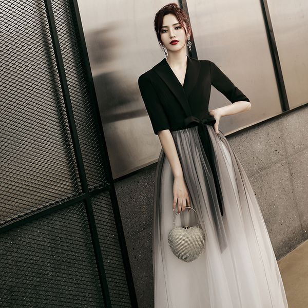 

casual dresses lux angner 2021 fashion korean style women dress v-neck black ankle-length female gradient clothes, Black;gray