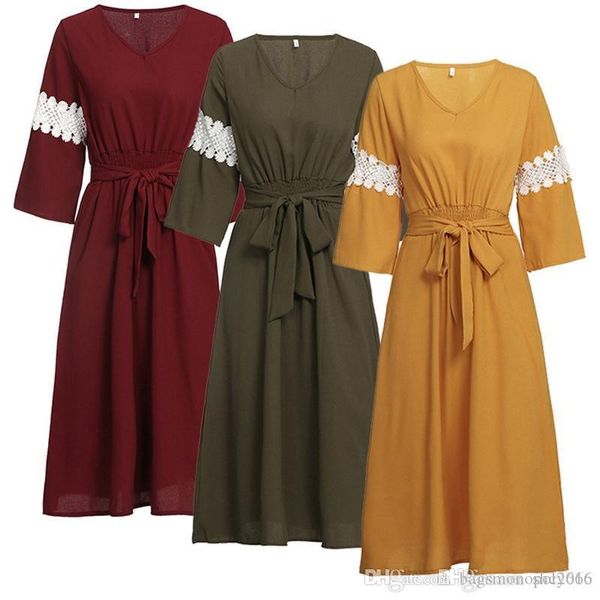 

женское платье лето сплошного цвета v-образный вырез кружево щитовой шнуровка 1/2 с короткой рукавом элегантной леди печати юбки естественно, Black;gray