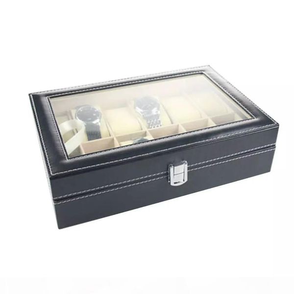 

f faux leather watch box display case organizer 12 slots jewelry storage box, Black;blue
