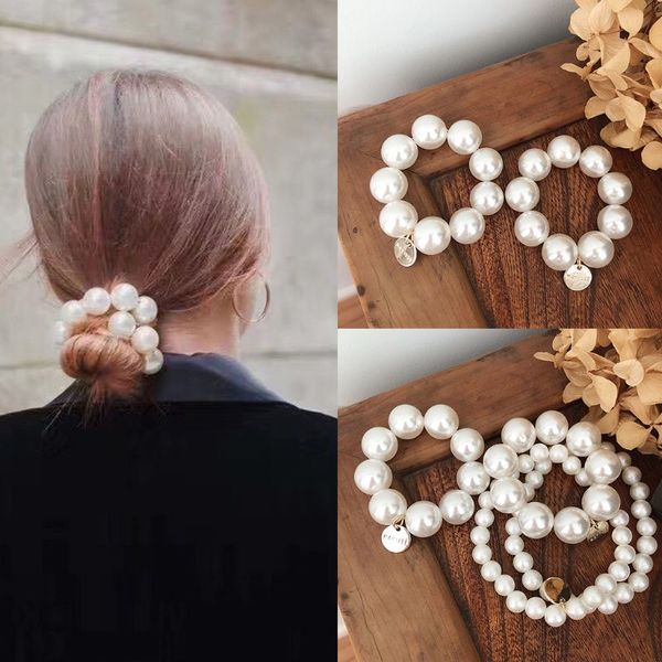 

hair accessories korean imitation pearl beading ties women metal pendant charms elastic bracelet diy styling decorative ponytail holder