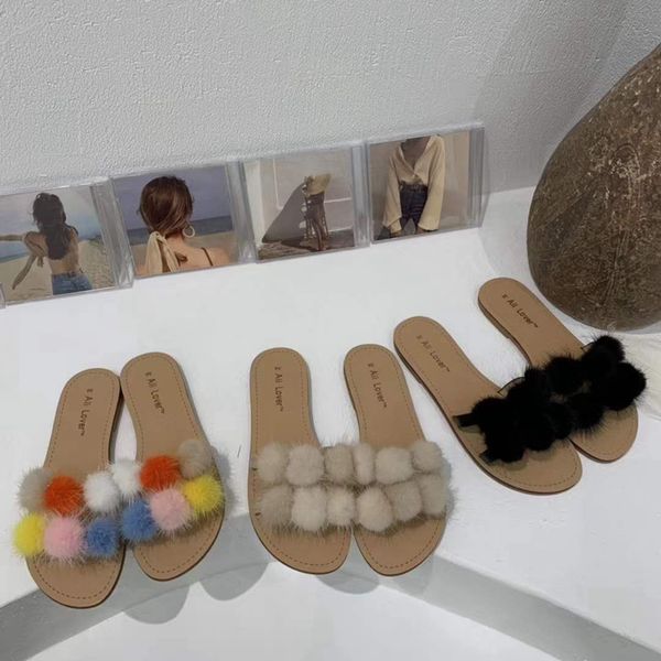 

bailehou 2020 autumn women slipper korean version fur ball women sandal real fur slides flat heel slip on open toe flip flop, Black