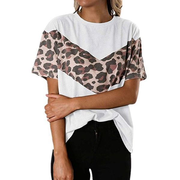 

women's leopard printed printed round neck pullover short sleeve t-shirt, White;black