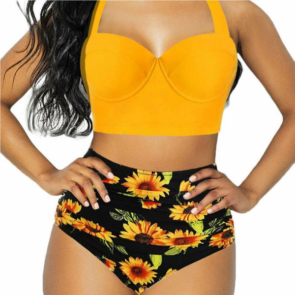 

plus size women bikini set bandage push up padded swimwear summer bathing beachwear high waist sumflower 2pcs set, Gray