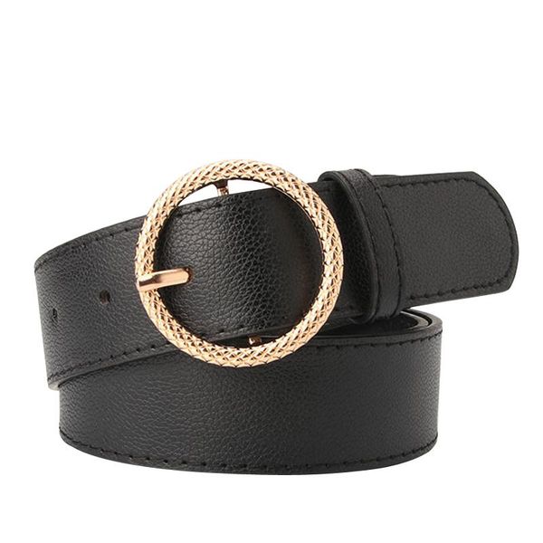 

fashion new female belt alloy embossed round buckle pin buckle imitation leather women belt trend casual corset waist, Black;brown