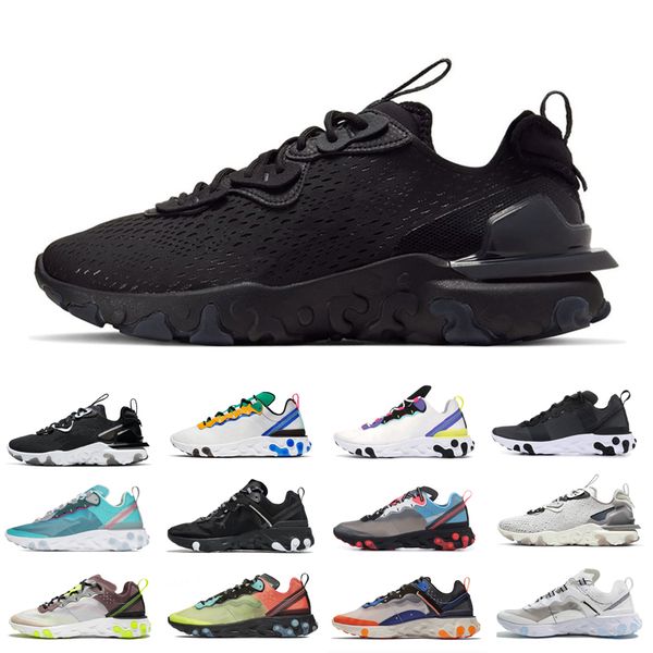 

women men react vision element 55 87 running shoes black iridescent vast grey metallic gold womens mens sports shoes size 36-45