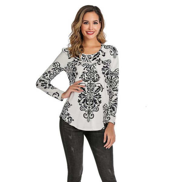 

bohemian womens blouses casual boho style tees print shirt scoop neck pleated blouse long sleeve floral feminine clothing, White