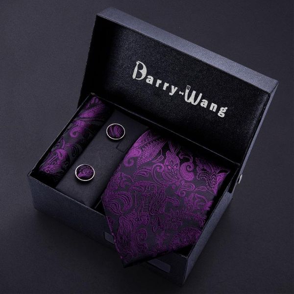 

mens wedding tie goom purple paisley silk tie pocket square barry.wang fashion designers neck for men gift box set bb-5134, Black;gray