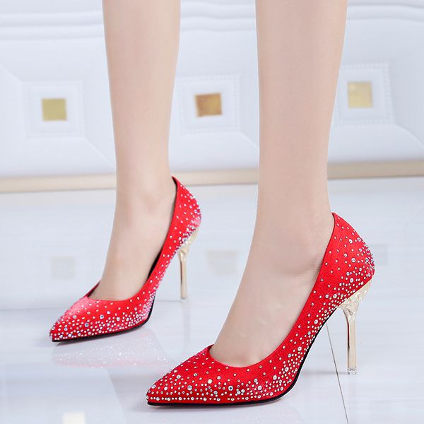 

crystal high heels women shiny rhinestone pointed toe pumps autumn dress metal stiletto heels women party shoes 2020, Black