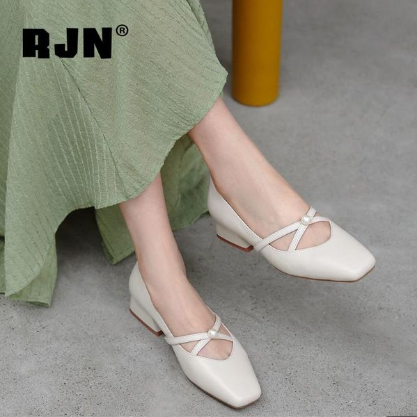 

rjn new autumn casual pumps classic square toe pearl cross-tied genuine leather women shoes stylish pumps ro225, Black
