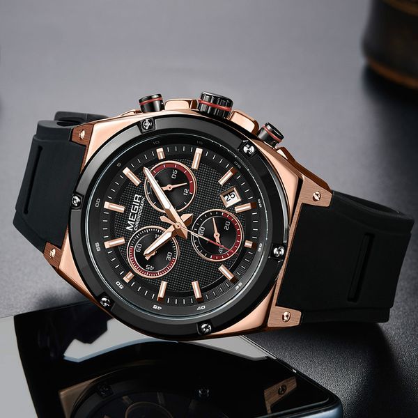 

silicone strap quartz watches men chronograph wristwatch 24 hours display army sports rose gold, Slivery;brown