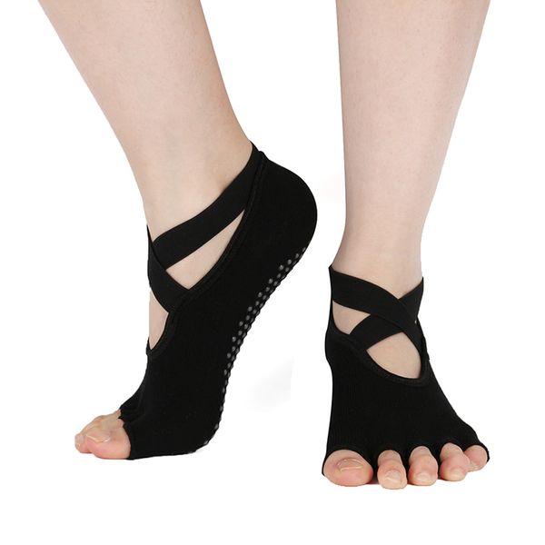 

yoga socks breathable grip dance slippers sports gym open toe five fingers socks women cotton pilates sock fitness, Black
