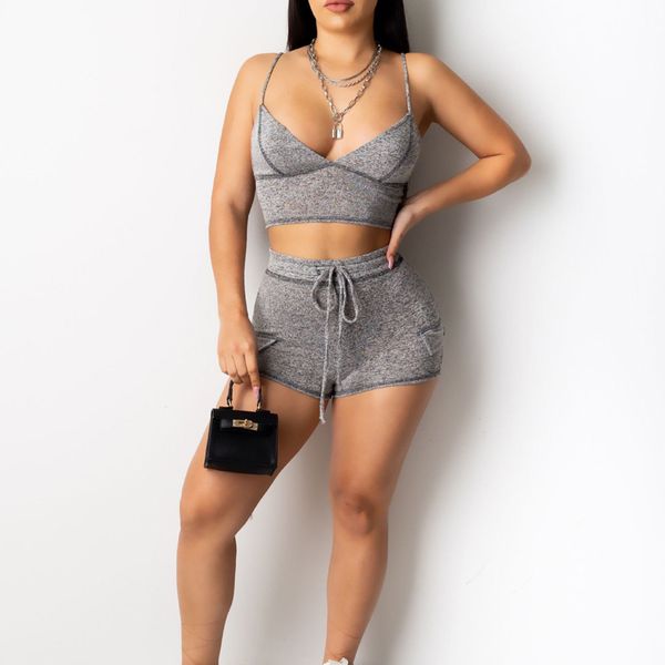 

women's sports suit summer fashion sling crop + lace up shorts 2-piece set solid color sweatshirts jogging shorts set, White;black