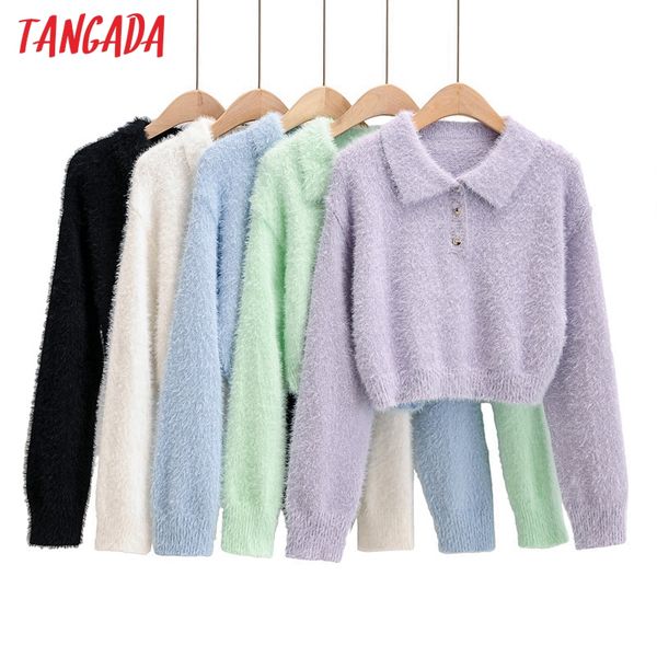 

tangada 2020 autumn women solid fleece crop sweater peter pan collar long sleeve knitted jumper 4p1, White;black