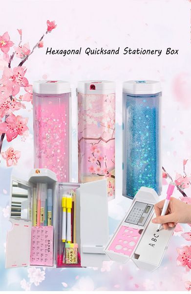 

2020 half quicksand translucent creative multifunction hexagonal cylindrical pen &pencil box, stationery box, pen &pencil holder