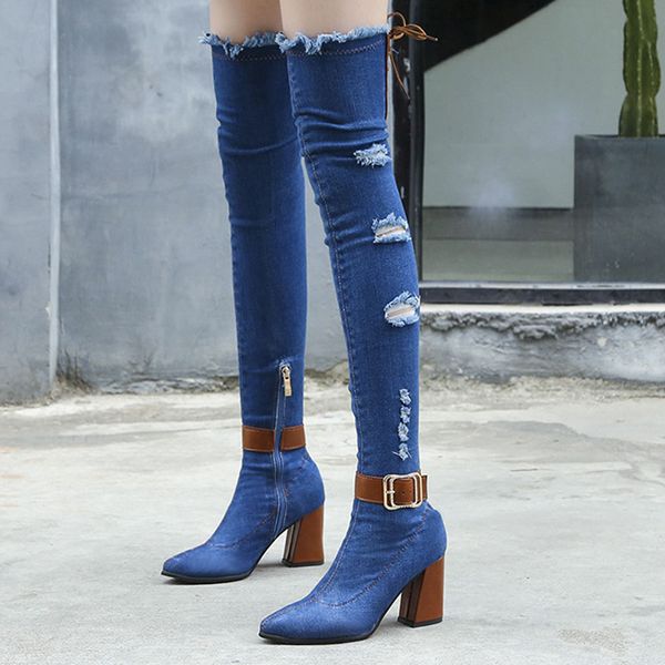 

2020 women chunky suede long boots block 8cm high heels fetish jeans over the knee tight high boots stripper winter shoes, Black
