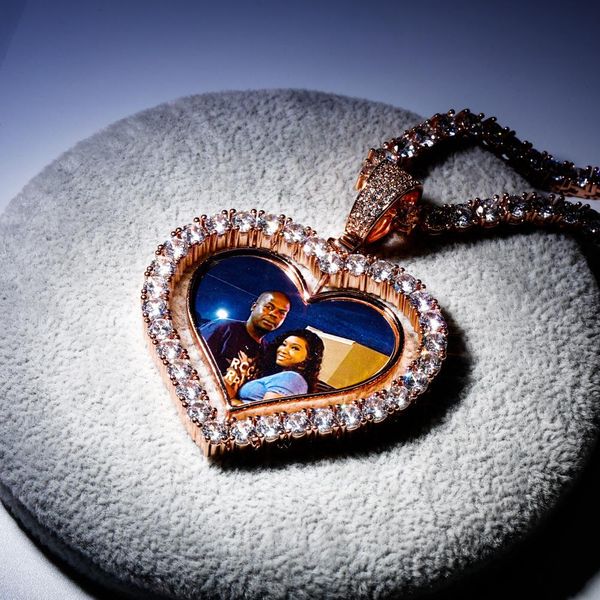 Bated 18k ouro gelado cúbico zirconia foto personalizada retate dupla face coração char corrente colar bling diamante diy jóias para amantes