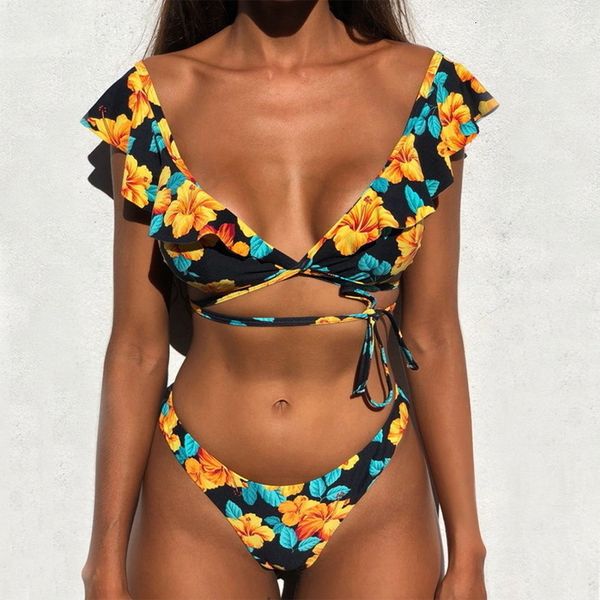

dropship bikini set off shoulder print ruffle bikini mujer 2020 new swimwear women brazilian thong biquini push up, White;black