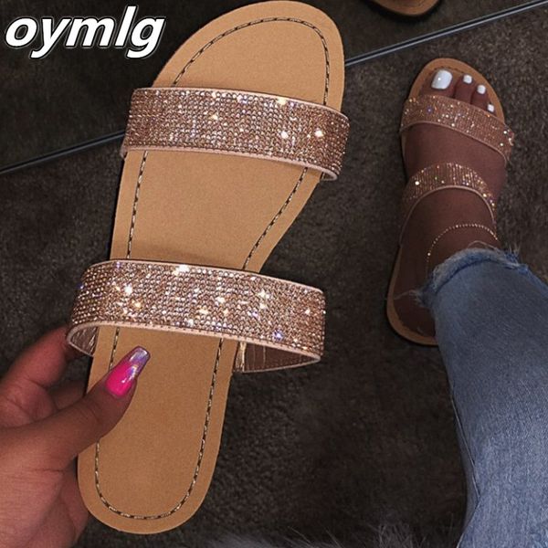 

women flat slippers bling crystal strap soft slides transperant female flip flops outdoor beach shoes ladies plus size, Black