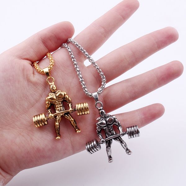 

weightlifting pendant necklace classic charm sporty style long chain necklaces fitness gym jewelry for men gift, Silver