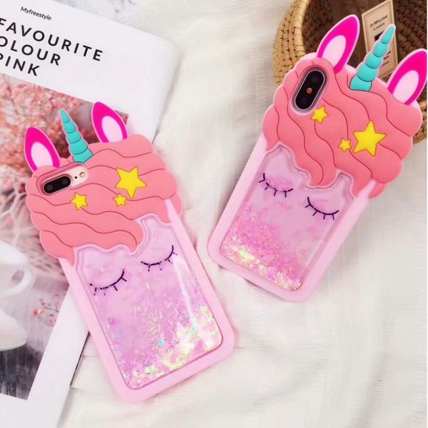 3D karikatür pembe quicksand unicorn yumuşak silikon sıvı yıldız kılıfları iphone 11 pro 8 artı 7 6 s 6 5 xs max xr x telefon kılıfı