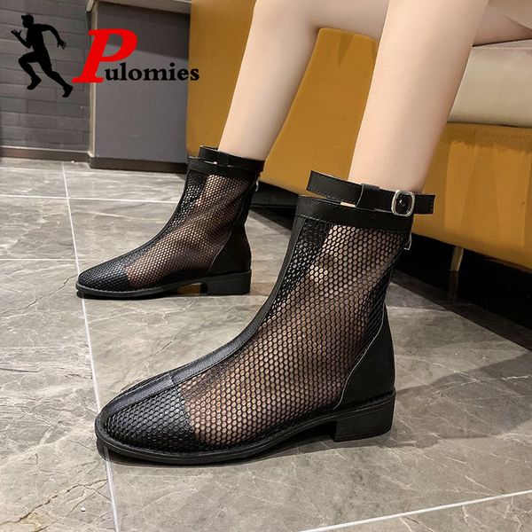 

pulomies лето женщины сапоги sexy boots сетки flats плоский каблук высокого полуботинки острым носом середина теленок повседневная обувь, Black