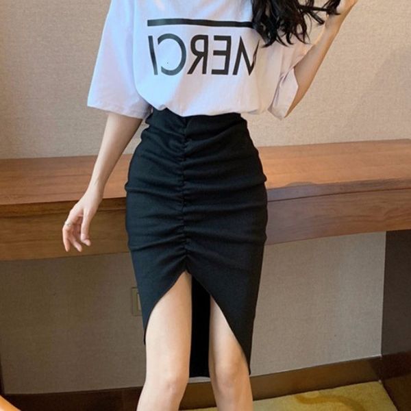 

wrap asymmetric maxi skirts women drape ruched office ladies summer skirts side split slit high waist solid skirt, Black