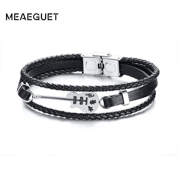 

stainless steel musical gita men braided leather bracelets punk rope chain music fans unique bangles for male, Golden;silver