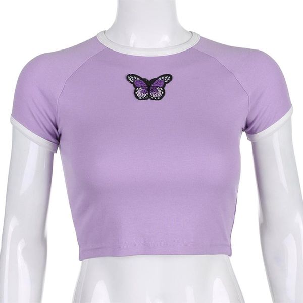 

yoga outfits women's summer t-shirt simple butterfly embroidery printed short rib short-sleeved blouse (s//l, White;red