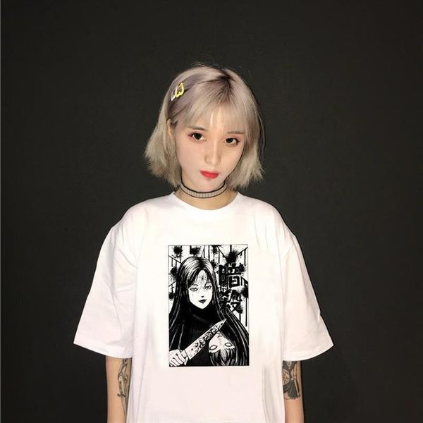 

dark personality bf japanese cartoon print shirt female summer new fashion loose chic harajuku women set o neck casual female t shirt, White