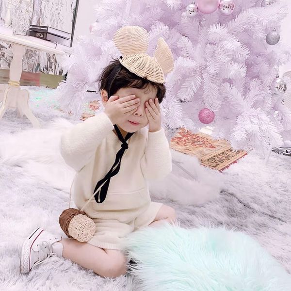 

ihug4 ins handmade rattan knitted children's ear hat cute pine nuts messenger bag accessories accessories headdress headdress pgraphy d, Yellow