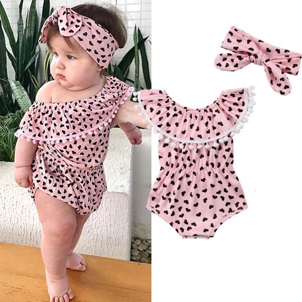 

2pcs pink baby girl clothes tassel heart shape print sleeveless off shoulder baby rompers+headband summer new born baby clothes, Blue