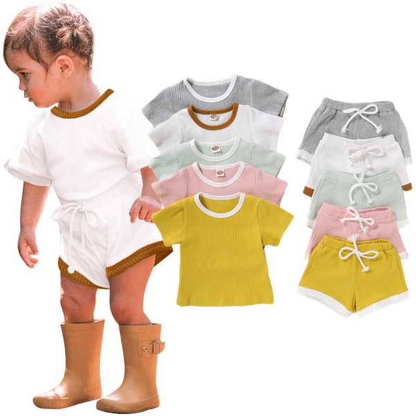

bunvel children clothing costume set newborn kids baby girls boys short sleeve t shirts+solid shorts clothing 2pcs outfits sets, White
