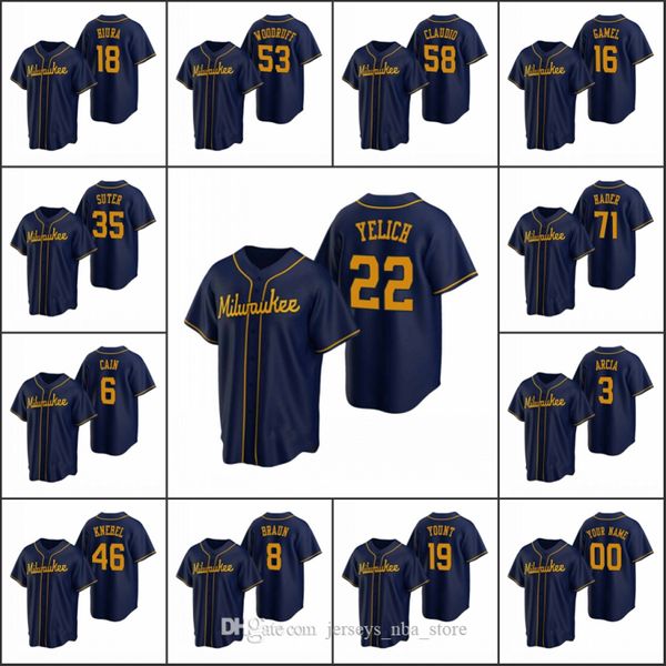 

milwaukee brewers men #19 robin yount 22 christian yelich 8 ryan braun women youth custom navy replica alternate jersey, Blue;black