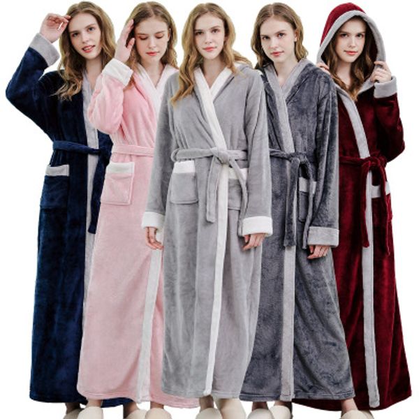 

женщины конструктор пижамы осень и зима nightgown утолщенные плюс размер халат взрывозащищенные модели hooded hit color home service nightgo, Black;red